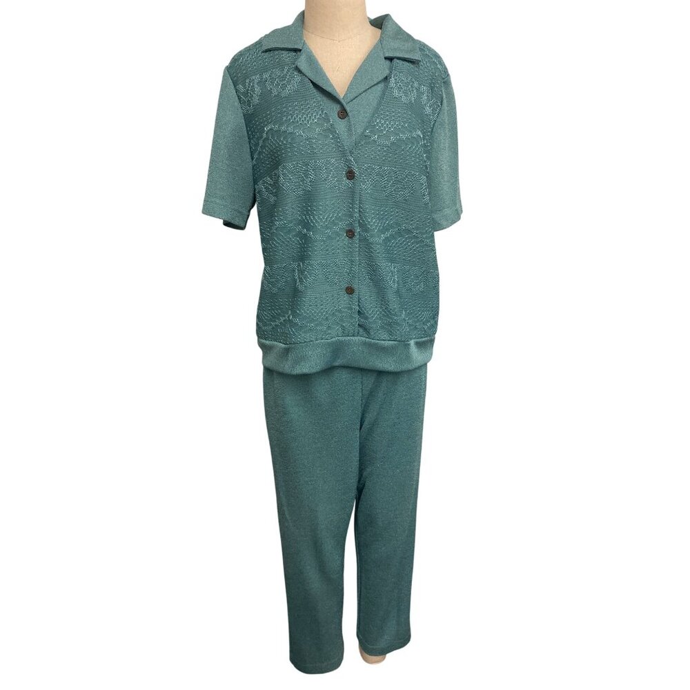 Vintage Alfred Dunner Teal Short-Sleeve Knit Top and Pants Set